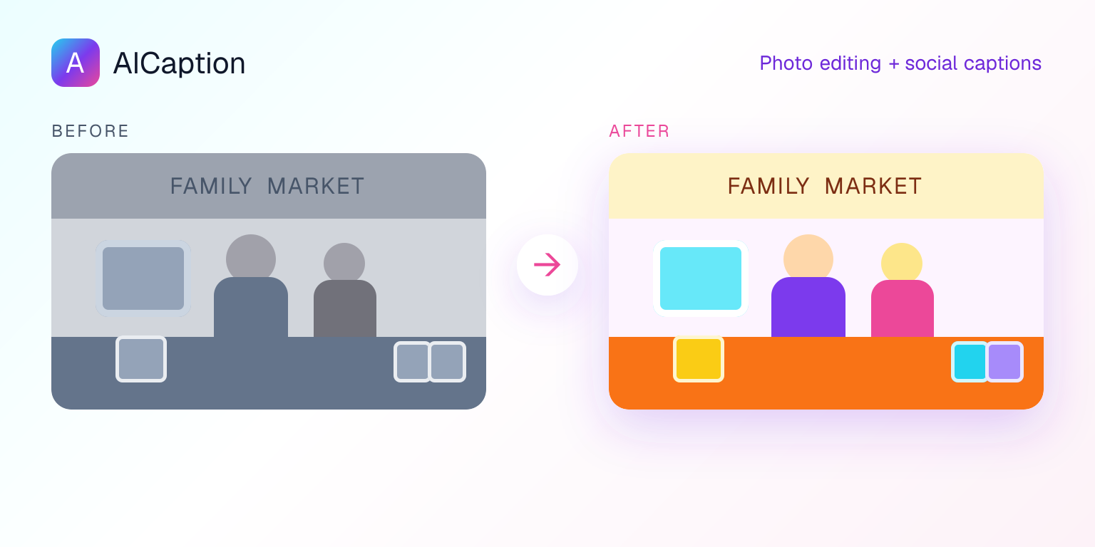 Illustrated family-business photo before and after an AI enhancement